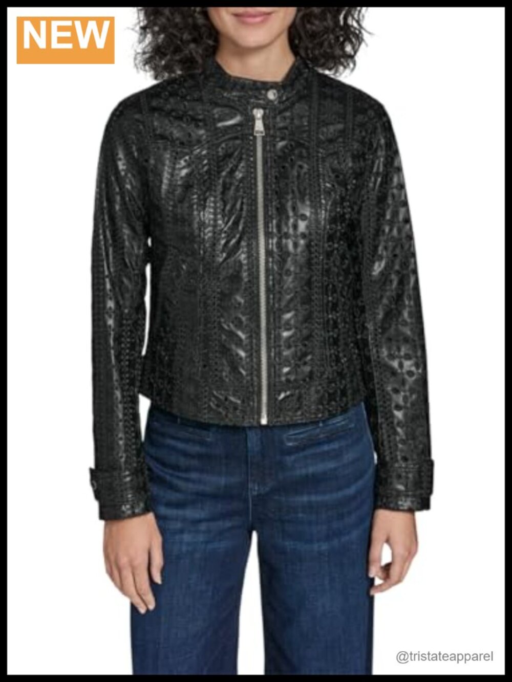 Eyelet Faux Leather Moto Jacket with Zipper Closure